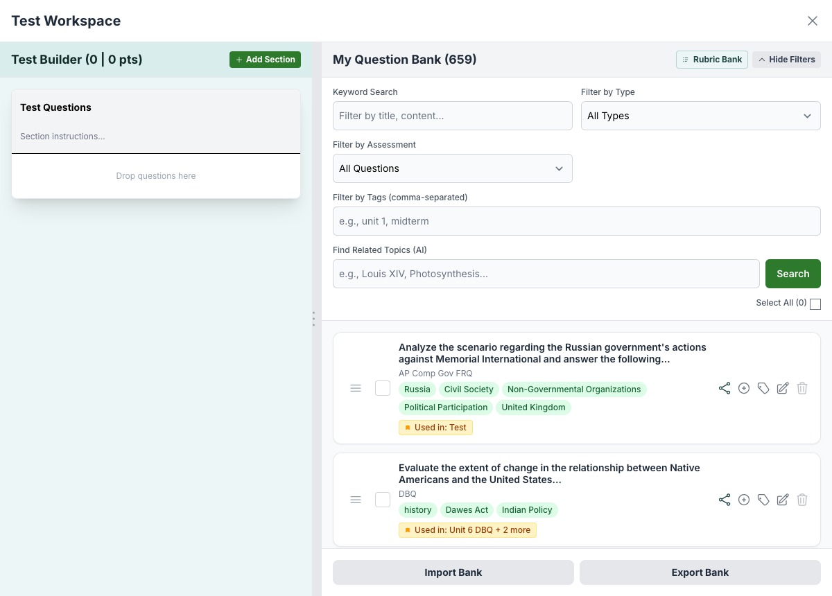 Test Workspace — split-panel test builder with drag-and-drop question bank